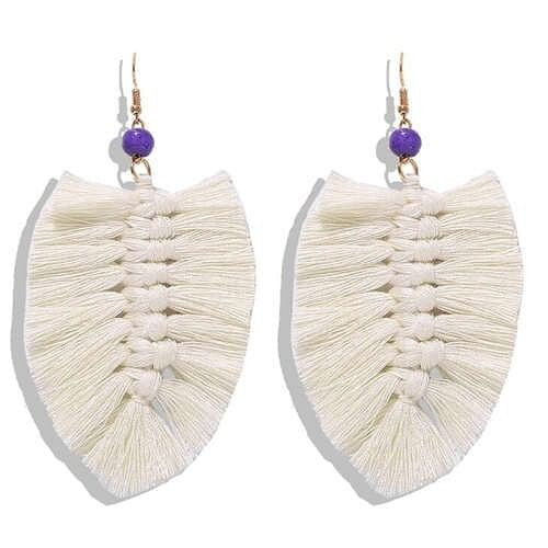 Palm Tree Leaves Design Cotton Threads Weaving Tassel Women Fashion Statement Earrings - White A392-fear4633