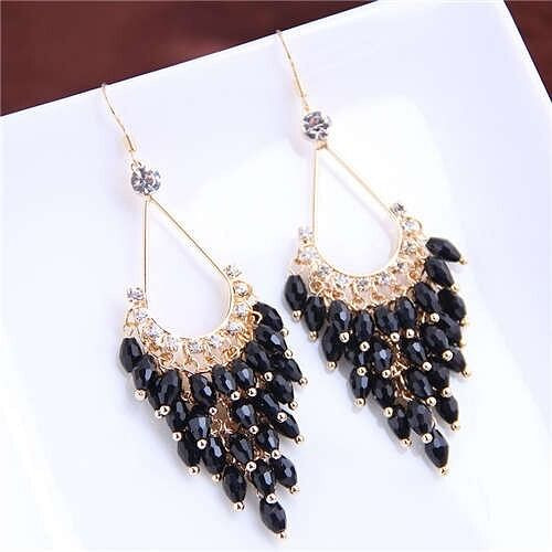 Elegant Crystal Beads High Fashion Women Tassel Drop Earrings - Black A392-fear4790