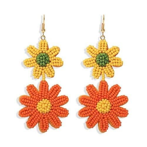 Mini Beads Dangling Dual Daisy Design High Fashion Women Shoulder-duster Earrings - Yellow and Oran A392-fear4916