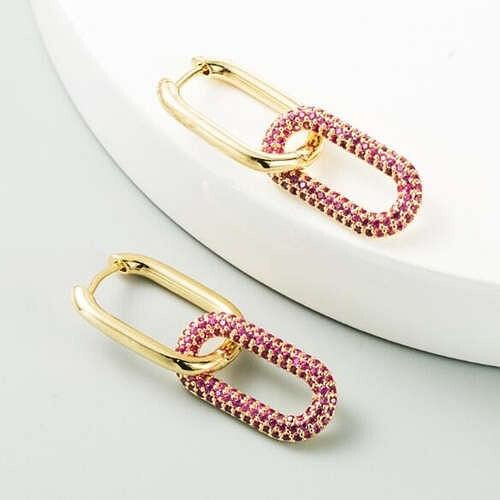 Cubic Zirconia Decorated Linked Hoops Design Women Copper Costume Earrings - Red A392-fear5727