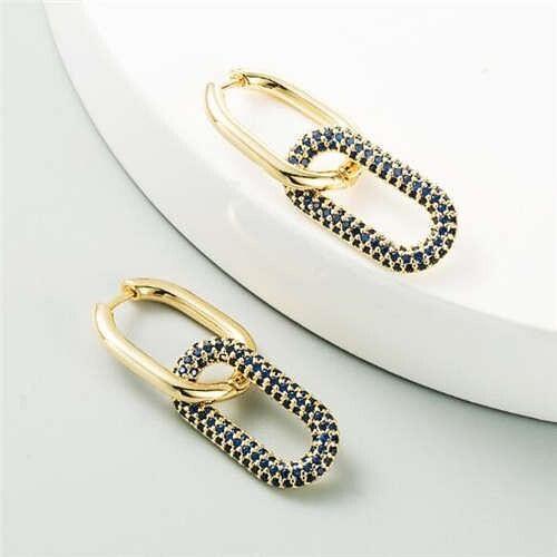 Cubic Zirconia Decorated Linked Hoops Design Women Copper Costume Earrings - Blue A392-fear5729