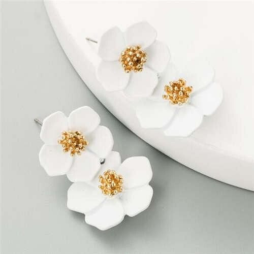 Golden Stamen Painted Spring Flowers Korean Fashion Women Statement Stud Earrings - White A392-fear5932
