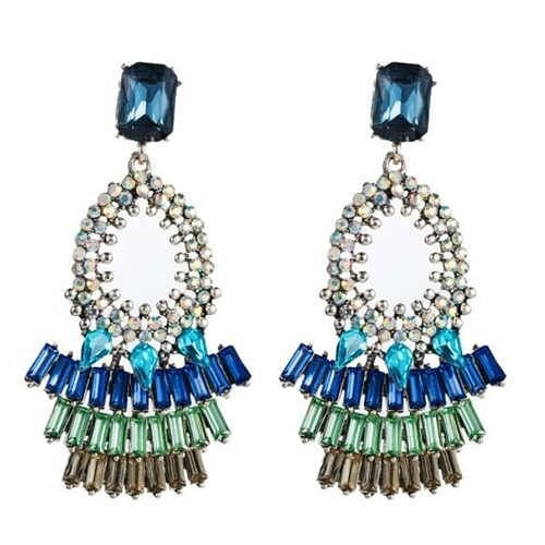 Rhinestone Embellished Bold Bohemian Fashion Hoop Tassel Women Earrings - Blue A392-fear5986