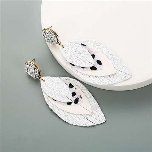 Multi-layer Leaves Bohemian Fashion Women Leather Texture Stud Earrings - White A392-fear6344