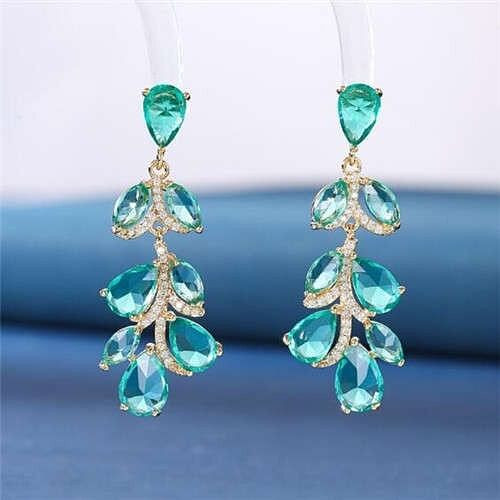 Noble Glistening Wholesale Jewelry Cubic Zirconia Leaves Drop Copper Chandelier Earrings - Green A392-fear6834