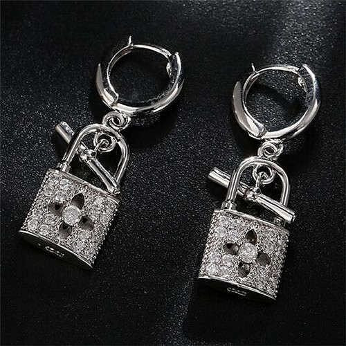 Fashion Hollow-out Flower Lock Modeling Wholesale Jewelry Cubic Zirconia Copper Earrings - Silver A392-fear6839