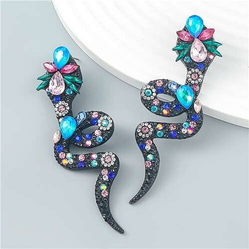Bohemian Style Snake Shape Colorful Rhinestone Women Statement Wholesale Earrings - Blue A392-fear7658