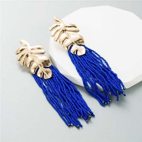 Golden Palm Tree Leaves Mini Beads Tassel Wholesale Fashion Women Earrings - Blue A392-fear8036
