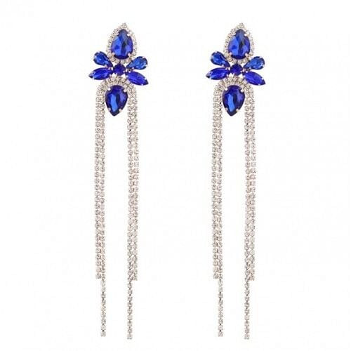 Shining Rhinestone Flower Long Tassel Banquet Wholesale Evening Earrings - Blue A392-fear8326