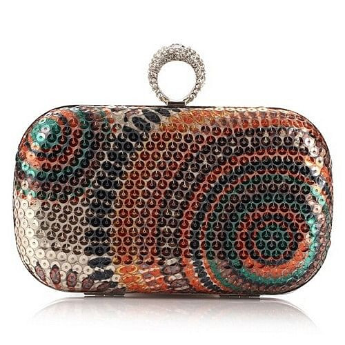 Peacock Feather Inspired Glistening Sequins Women Fashion Evening Handbag - Colorful Golden A392-fhbg0069