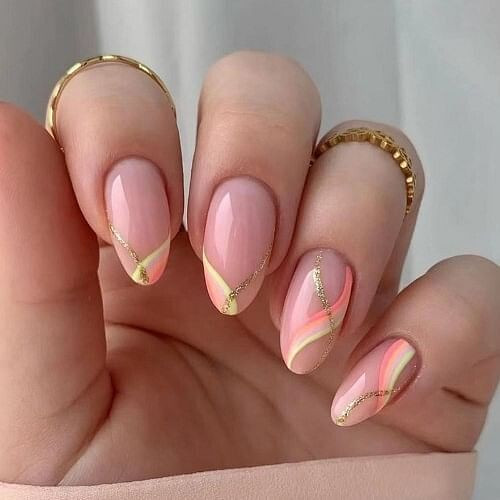 24 Pieces Set Almond-shaped Golden Pink Stripes Fashion Fake Nail Wholesale Nail Stickers A392-nstr0121