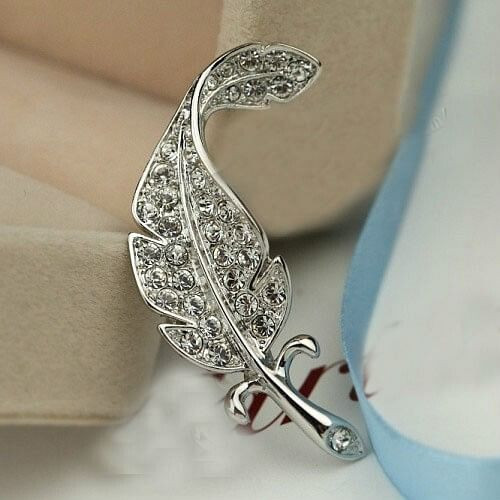 Rhinestone Inlaid Gorgeous Feather 18K Platinum Brooch A392-rbch0023