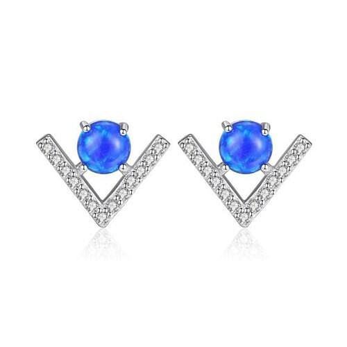 Natural Gem Inlaid V Shape Design 925 Sterling Silver Earrings - Blue A392-sear0158