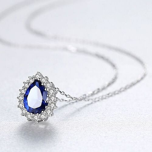 Luxurious Classic Water Drop Pendant 925 Sterling Silver Women Evening Necklace - Blue A392-sine0195