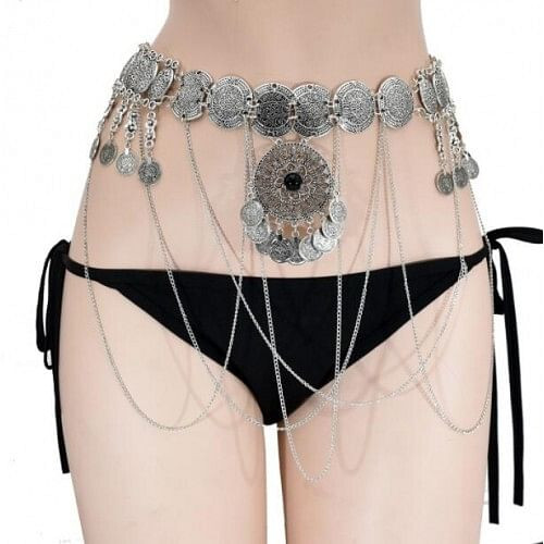 Fashion Coin Tassel Waist Chain Exotic Belly Dance Beach Wholesale Body Chain Jewelry - Silver A392-tboc0047