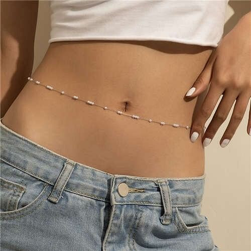 Vintage Pearl Body Chain Simple Single Layer Silver Metal Wholesale Waist Chain A392-tboc0091