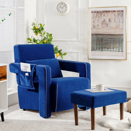 Modern Berber Fleece Single Sofa Chair with Ottoman and Waist Pillow-Blue B593-HV10107