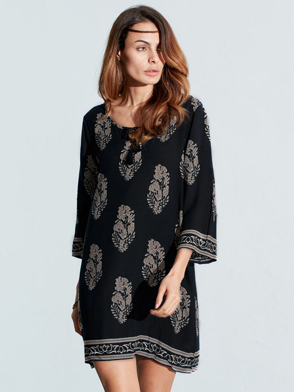 Women Vintage Floral Printed 3/4 Sleeve Mini Dresses C122-1132609