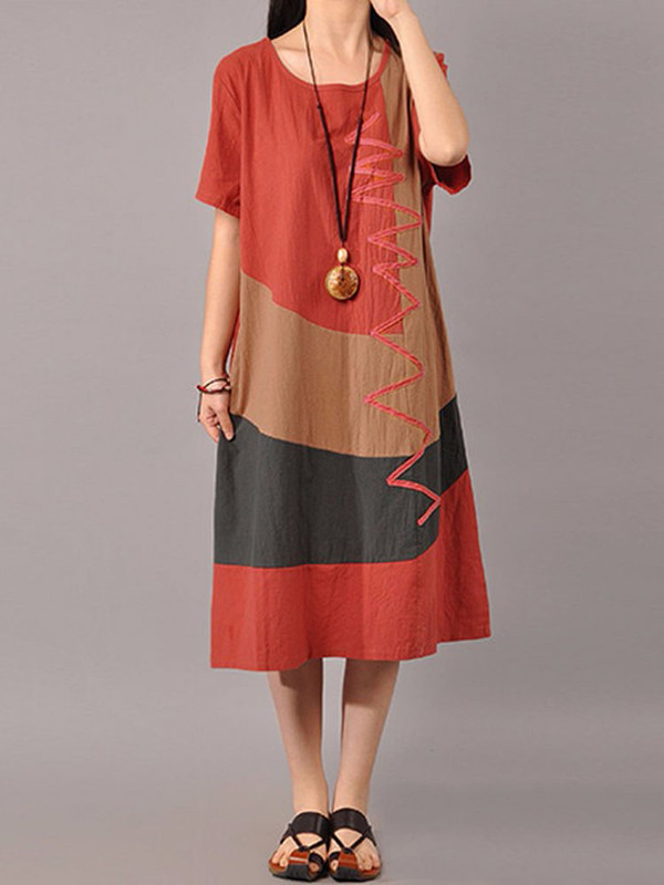 S-5XL Women Casual Short Sleeve Splice Loose O-neck Mid Long Dress C122-1161620