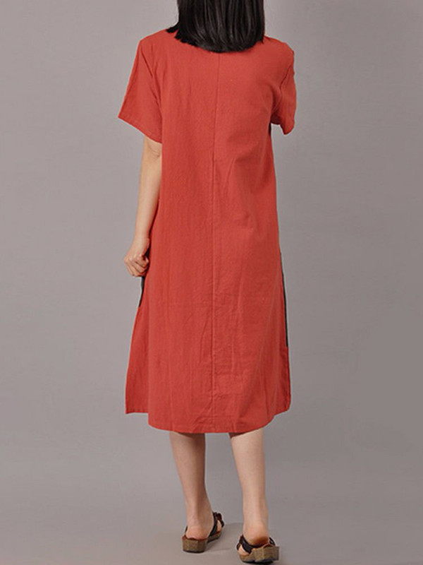 S-5XL Women Casual Short Sleeve Splice Loose O-neck Mid Long Dress C122-1161620