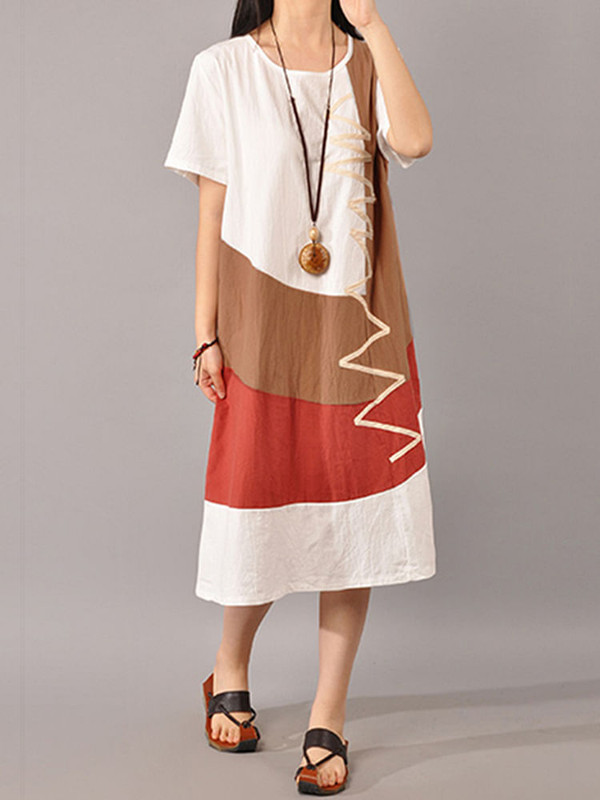 S-5XL Women Casual Short Sleeve Splice Loose O-neck Mid Long Dress C122-1161620