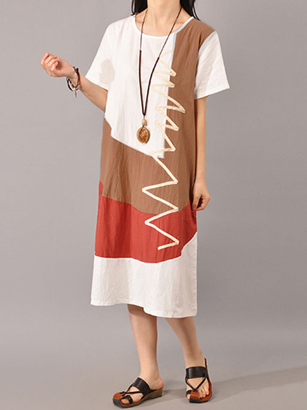 S-5XL Women Casual Short Sleeve Splice Loose O-neck Mid Long Dress C122-1161620