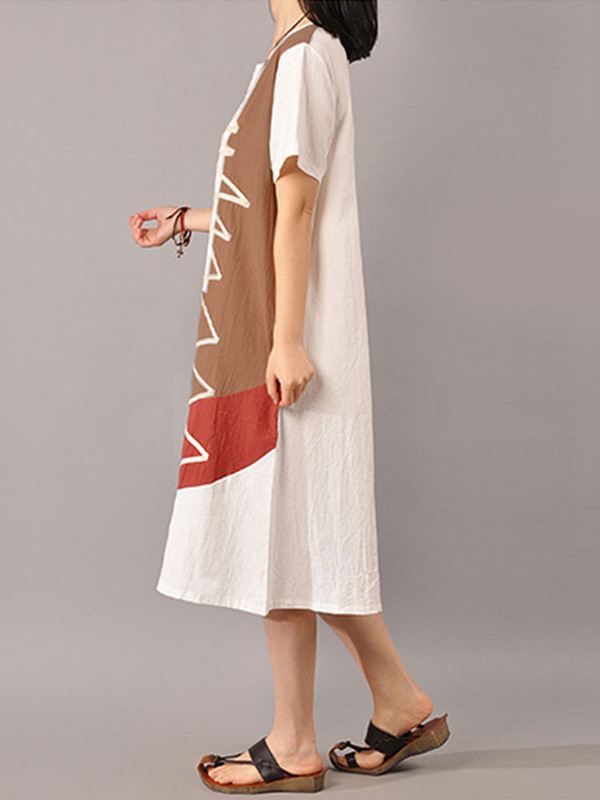 S-5XL Women Casual Short Sleeve Splice Loose O-neck Mid Long Dress C122-1161620