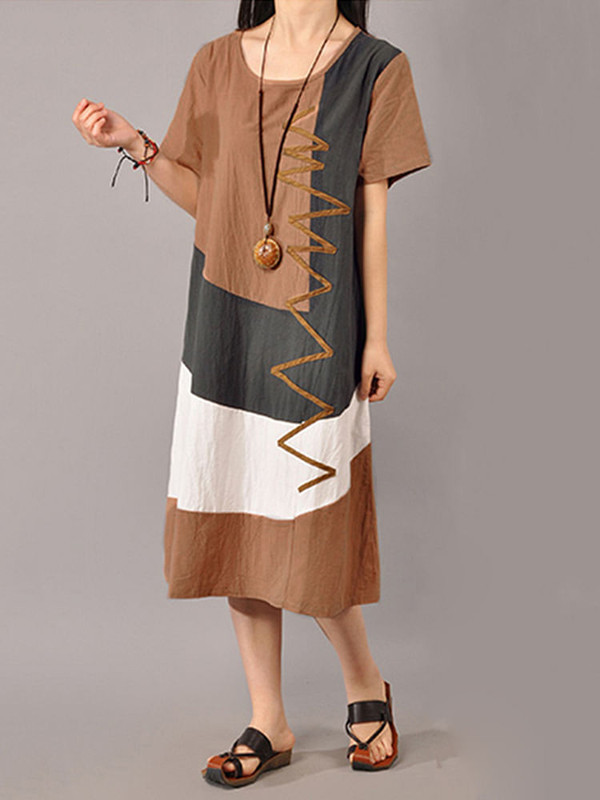 S-5XL Women Casual Short Sleeve Splice Loose O-neck Mid Long Dress C122-1161620