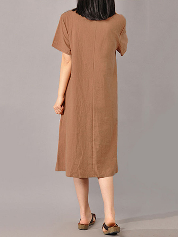 S-5XL Women Casual Short Sleeve Splice Loose O-neck Mid Long Dress C122-1161620