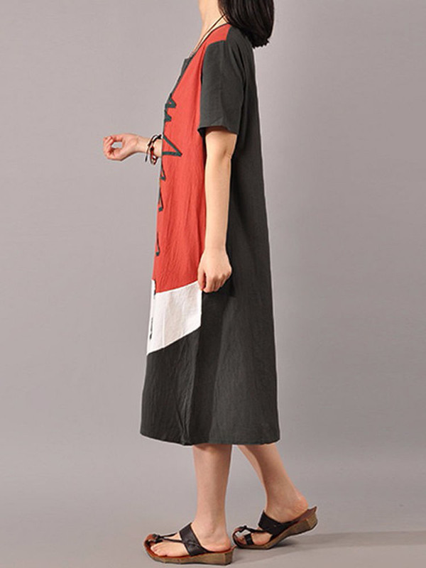 S-5XL Women Casual Short Sleeve Splice Loose O-neck Mid Long Dress C122-1161620