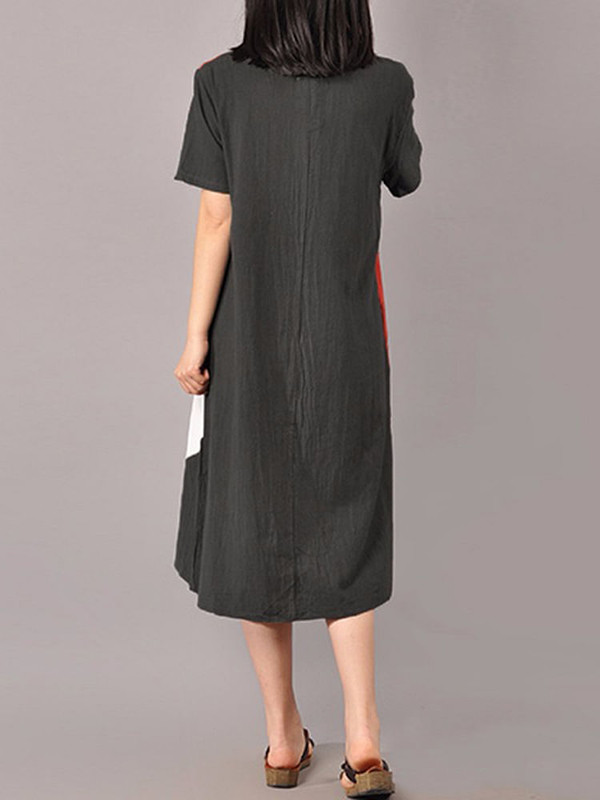 S-5XL Women Casual Short Sleeve Splice Loose O-neck Mid Long Dress C122-1161620