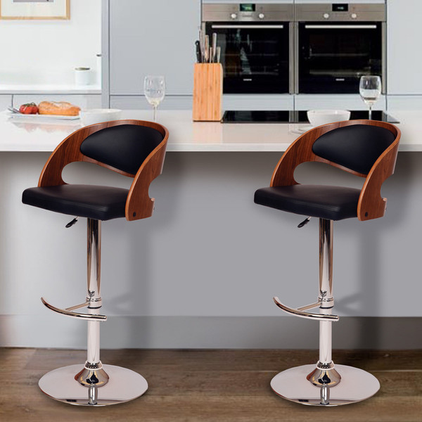 Black And Silver Faux Leather And Chrome Low Back Adjustable Height Swivel Bar Chair N270-477272