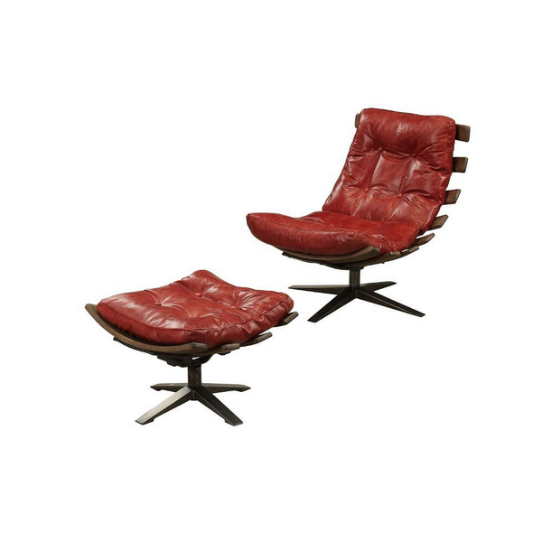 27" Red And Brown Top Grain Leather Tufted Swivel Lounge Chair With Ottoman N270-486561