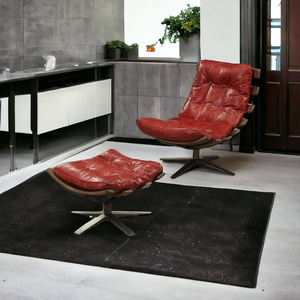27" Red And Brown Top Grain Leather Tufted Swivel Lounge Chair With Ottoman N270-486561