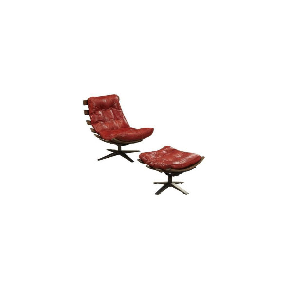 27" Red And Brown Top Grain Leather Tufted Swivel Lounge Chair With Ottoman N270-486561