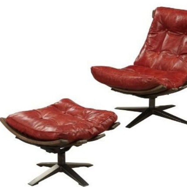 27" Red And Brown Top Grain Leather Tufted Swivel Lounge Chair With Ottoman N270-486561