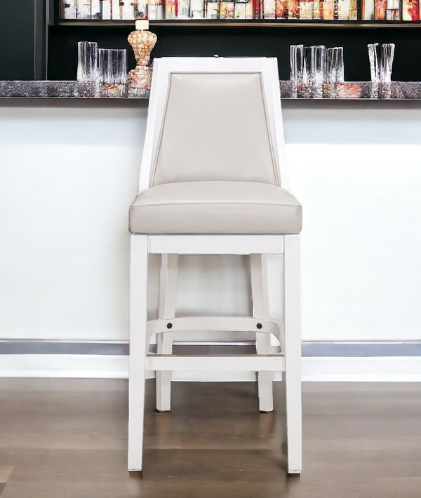 31" Gray And White Faux Leather And Solid Wood Bar Height Swivel Bar Chair N270-550090
