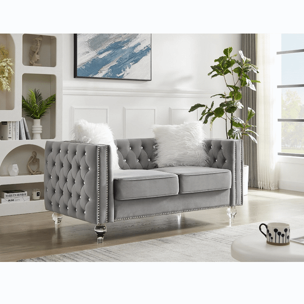 Gray, Two-seater Sofa, Velvet Crystal Buckle Upholstery Sofa, Crystal Feet, Removable Cushion, Two  T575-V0671301187