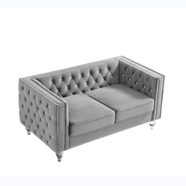 Gray, Two-seater Sofa, Velvet Crystal Buckle Upholstery Sofa, Crystal Feet, Removable Cushion, Two  T575-V0671301187