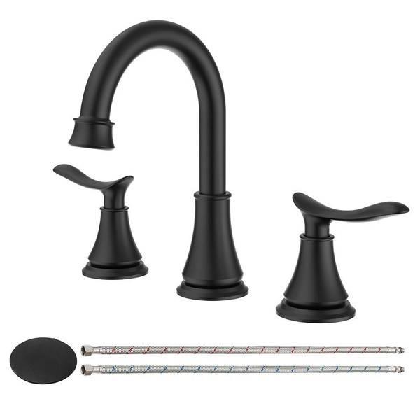 2-Handle 8 inch Widespread Bathroom Sink Faucet Matt Black Lavatory Faucet 3 Hole 360 Swivel Spout  T575-S0671271826