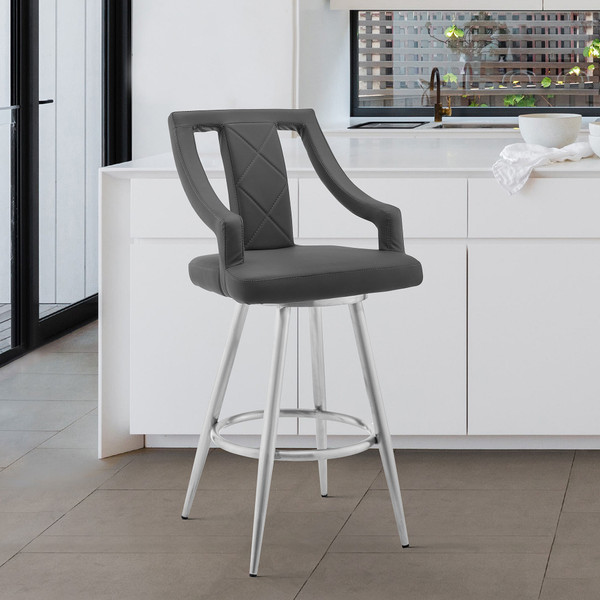 29" Gray And Silver Faux Leather And Iron Swivel Bar Height Bar Chair N270-476981