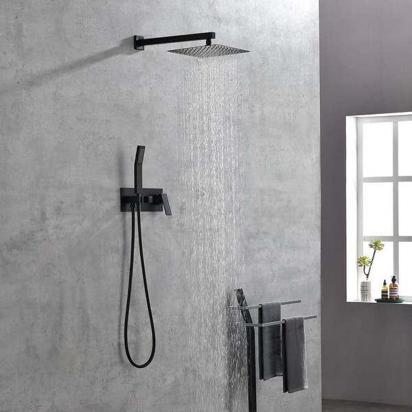 Brass Matte Black Shower Faucet Set Shower System 10 Inch Rainfall Shower Head with Handheld Spraye T575-S0671299835