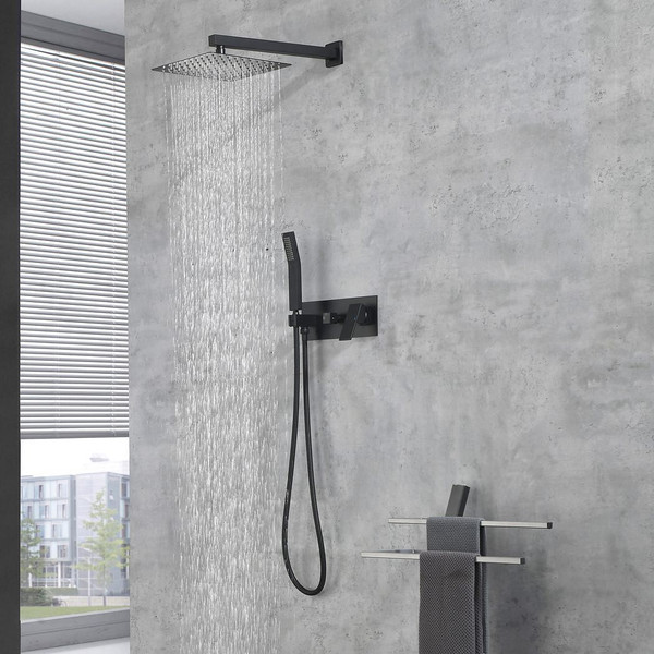 Brass Matte Black Shower Faucet Set Shower System 10 Inch Rainfall Shower Head with Handheld Spraye T575-S0671299835