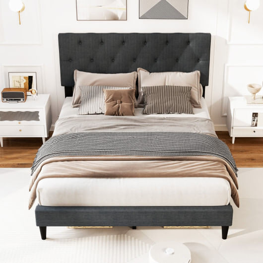 Upholstered Platform Bed with Tufted Headboard and Wooden Slats Gray-Full Size - Color: Gray - Size D681-HU10906GR-F
