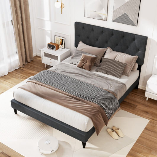 Upholstered Platform Bed with Tufted Headboard and Wooden Slats Gray-Full Size - Color: Gray - Size D681-HU10906GR-F