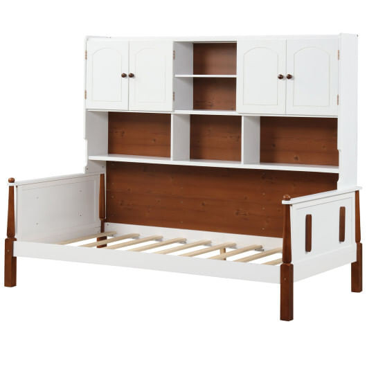 Twin Bed with Bookcase with Shelves and  Wooden Slat Support No Box Spring Needed for Living Room B D681-HU10679WHT+