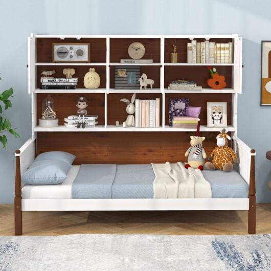 Twin Bed with Bookcase with Shelves and  Wooden Slat Support No Box Spring Needed for Living Room B D681-HU10679WHT+