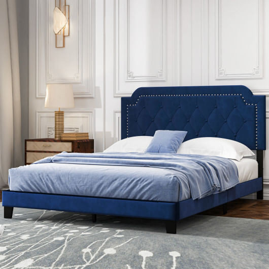 Queen Size Velvet Platform Bed with Button Tufted and Nailhead Trim Headboard-Queen Size - Color: B D681-HU10717BL-Q