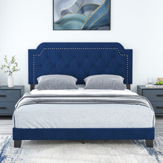 Queen Size Velvet Platform Bed with Button Tufted and Nailhead Trim Headboard-Queen Size - Color: B D681-HU10717BL-Q
