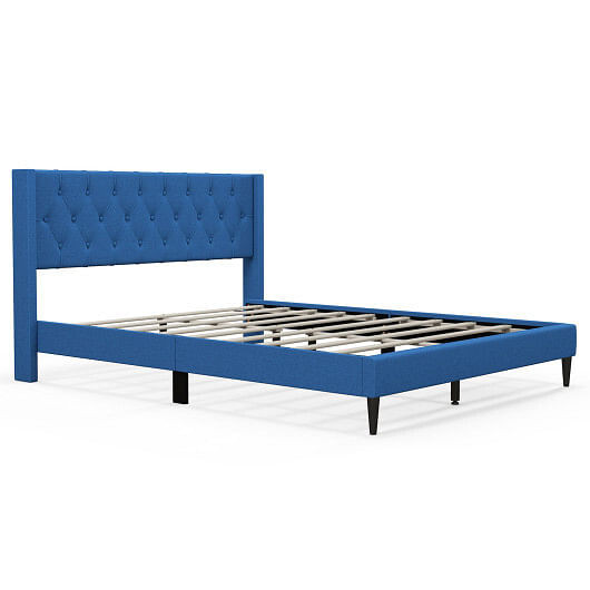 Queen Size Upholstered Platform Bed with Button Tufted Wingback Headboard-Blue - Color: Blue - Size D681-HU10570BL-Q